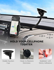 033 Cell Phone Holder for Car, Windshield Long Arm Car Phone Mount with One Button Design and Anti-Skid Base Car Holder Compatible iPhone Xs MAX/XS/XR/X/8/7/7P/6s, Galaxy S6/S7/S8,Google